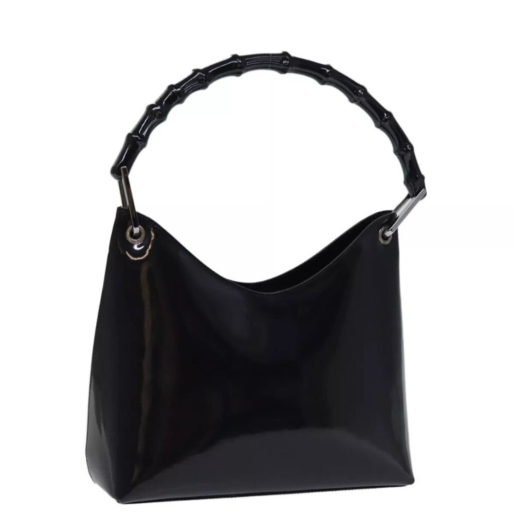 GUCCI Bamboo Hand Bag Enamel Black Auth
